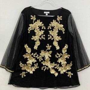 Charter Club size XL Black Gold Sequins Mesh Stretch Blouse Evening Formal